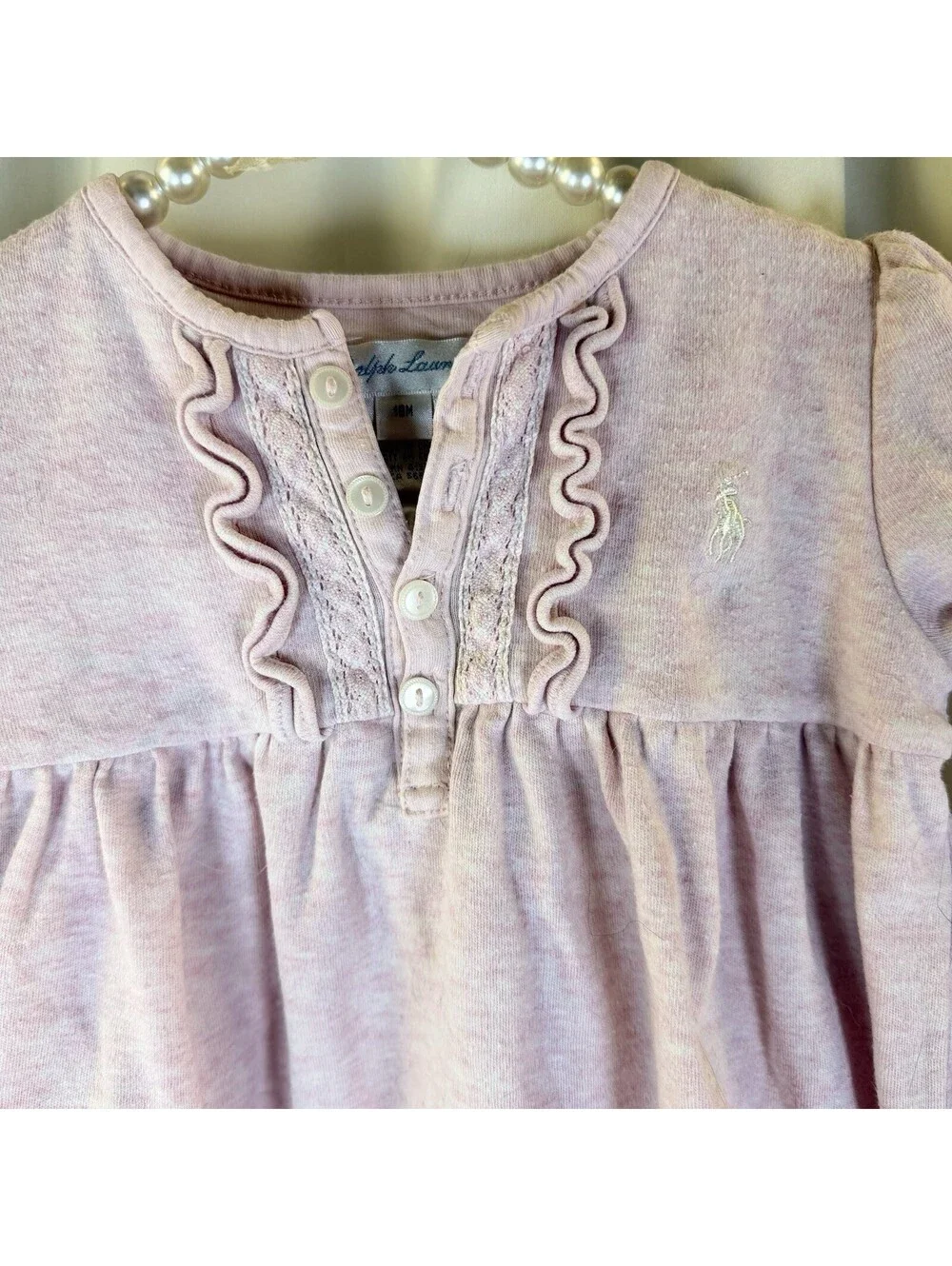 Ralph Lauren Pink Ruffle Dress Girl's Sz 18 months Button Long Sleeve